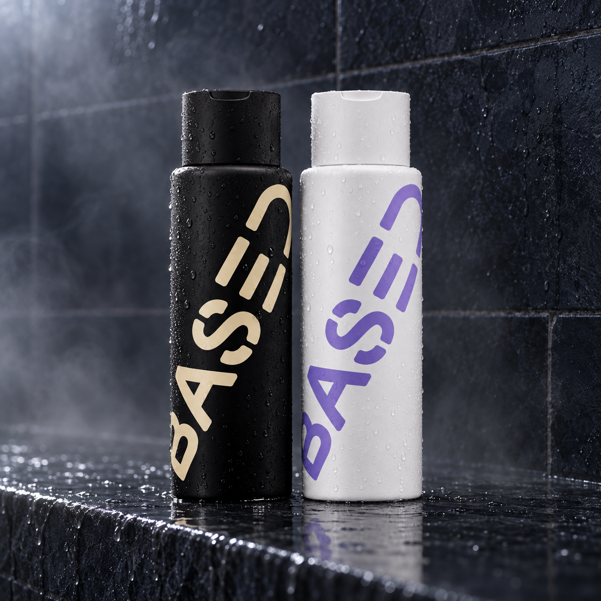 The shampoo and conditioner bottles on a wet stone shower ledge