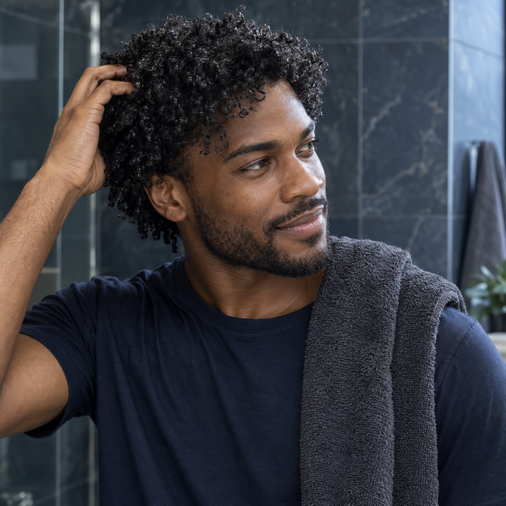 A man running a hand through freshly washed curls