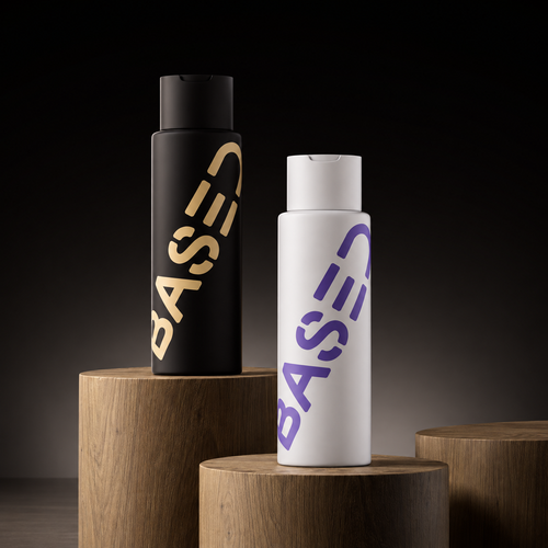 Shower Duo bottles on wooden plinths