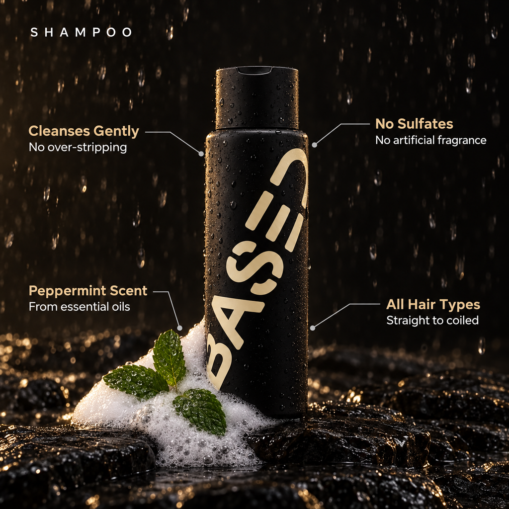 Shampoo: cleanses gently, no sulfates or artificial fragrance, peppermint scent, all hair types