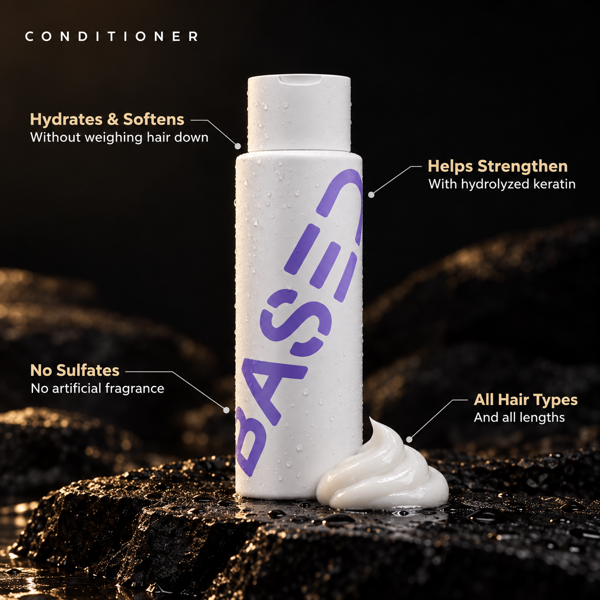 Conditioner: hydrates and softens, helps strengthen, no sulfates or artificial fragrance, all hair types