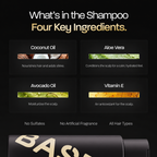 Shampoo key ingredients: coconut oil, aloe vera, avocado oil, vitamin E
