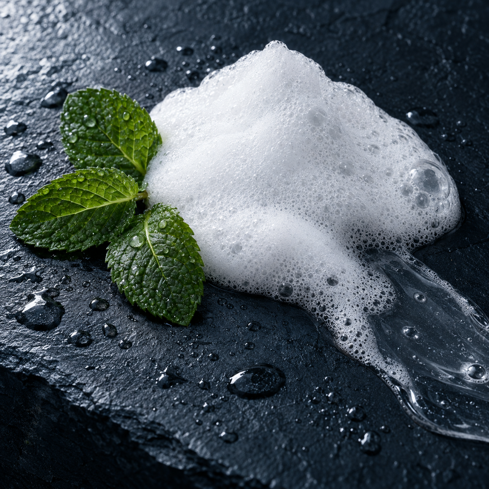 White shampoo foam beside peppermint leaves on dark stone