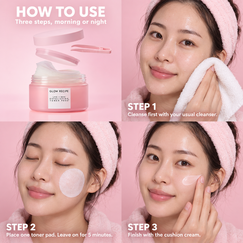 How to use in three steps: cleanse, place one toner pad for 5 minutes, finish with the cushion cream