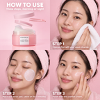 How to use in three steps: cleanse, place one toner pad for 5 minutes, finish with the cushion cream