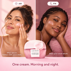 One cream, morning and night: after serum in the morning with sunscreen, and after serum at night